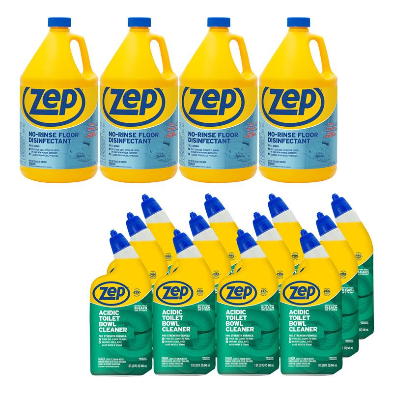 Zep Acidic Toilet Bowl Cleaner - Removes Hard Water Stains - 32 oz (Case of 12) with Zep No Rinse Floor Disinfectant - 1 Gallon (Case of 4) Bundle