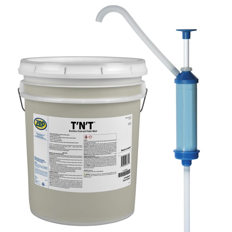 Zep T'N'T Brushless Truck and Trailer Wash – Removes Exhaust Deposits. Road Film. and Bug Residues – 5 Gallon with Zep Model 50 Polypropylene Piston Pump – Bundle