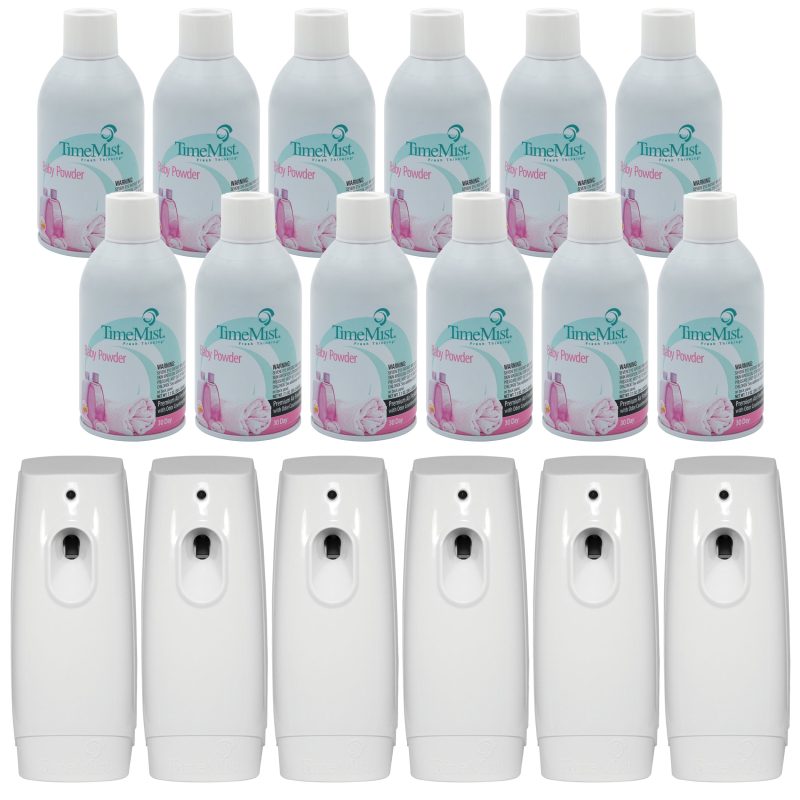 TimeMist Premium Metered Air Freshener Refills. Baby Powder (Case of 12) with TimeMist Metered Aerosol Fragrance Dispenser Bundle