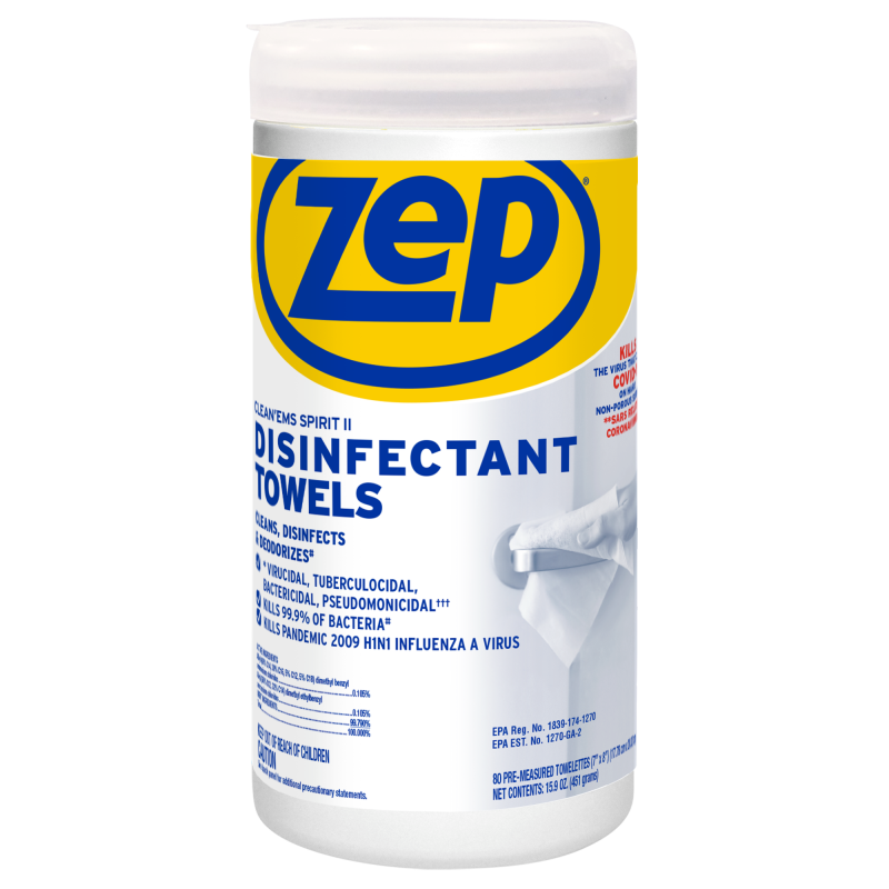 Zep Clean'Ems Spirit II Disinfectant Towels - 80 Towels/Canister